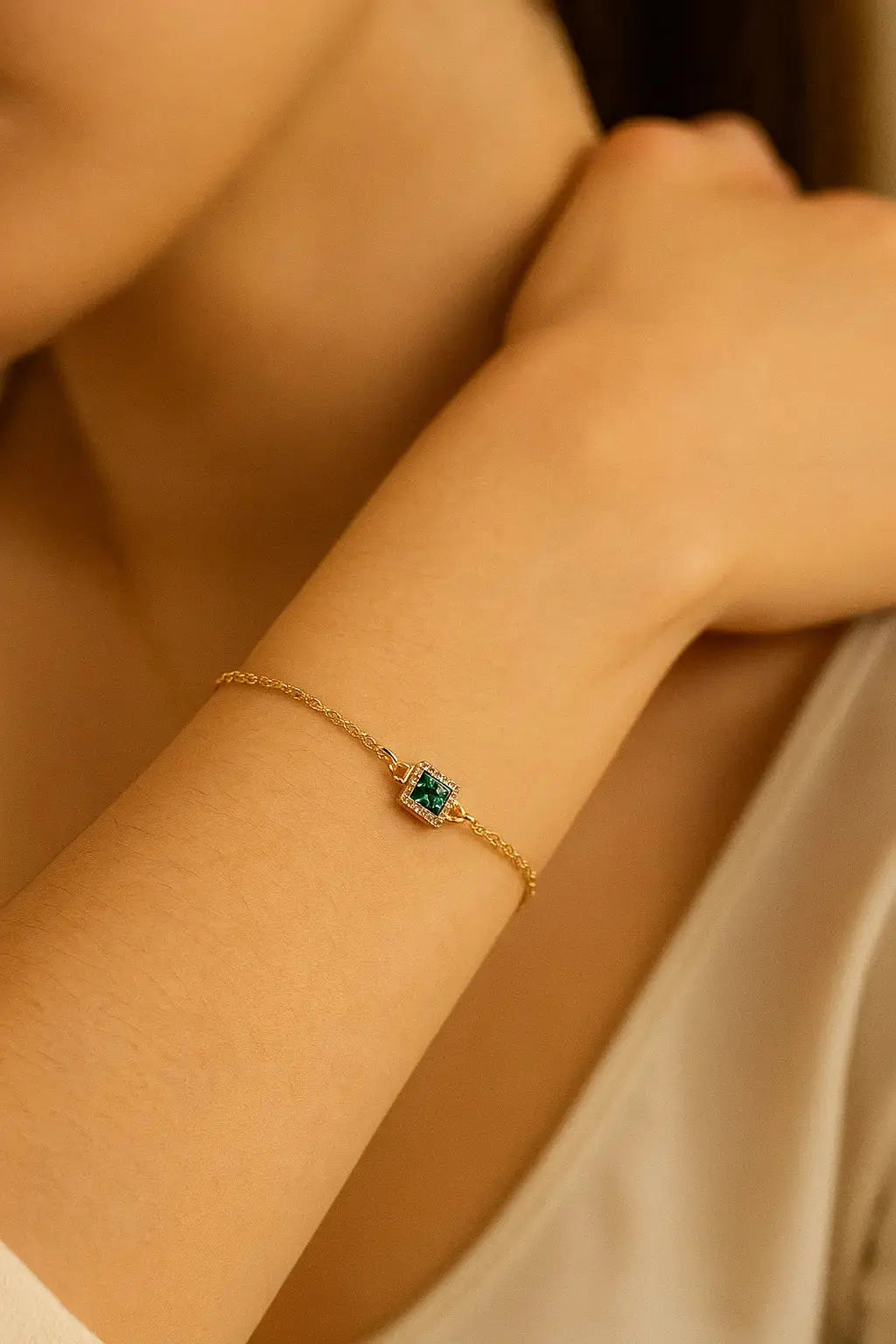 Square Green Stones Chain Bracelet