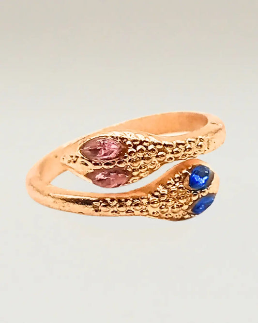 Blue and Pink eye double snake ring