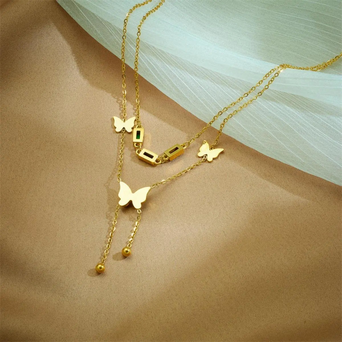 Gold Plated Elegant Charm Rhinestone Butterfly Double Laye