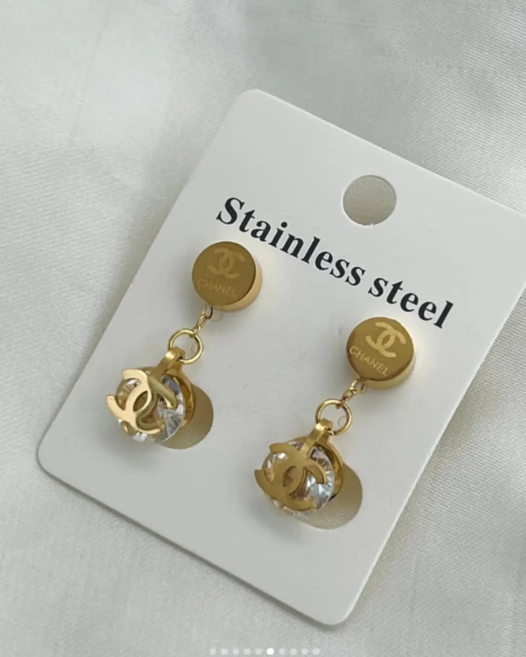 Gold Crystal CC Medallion Drop Earrings