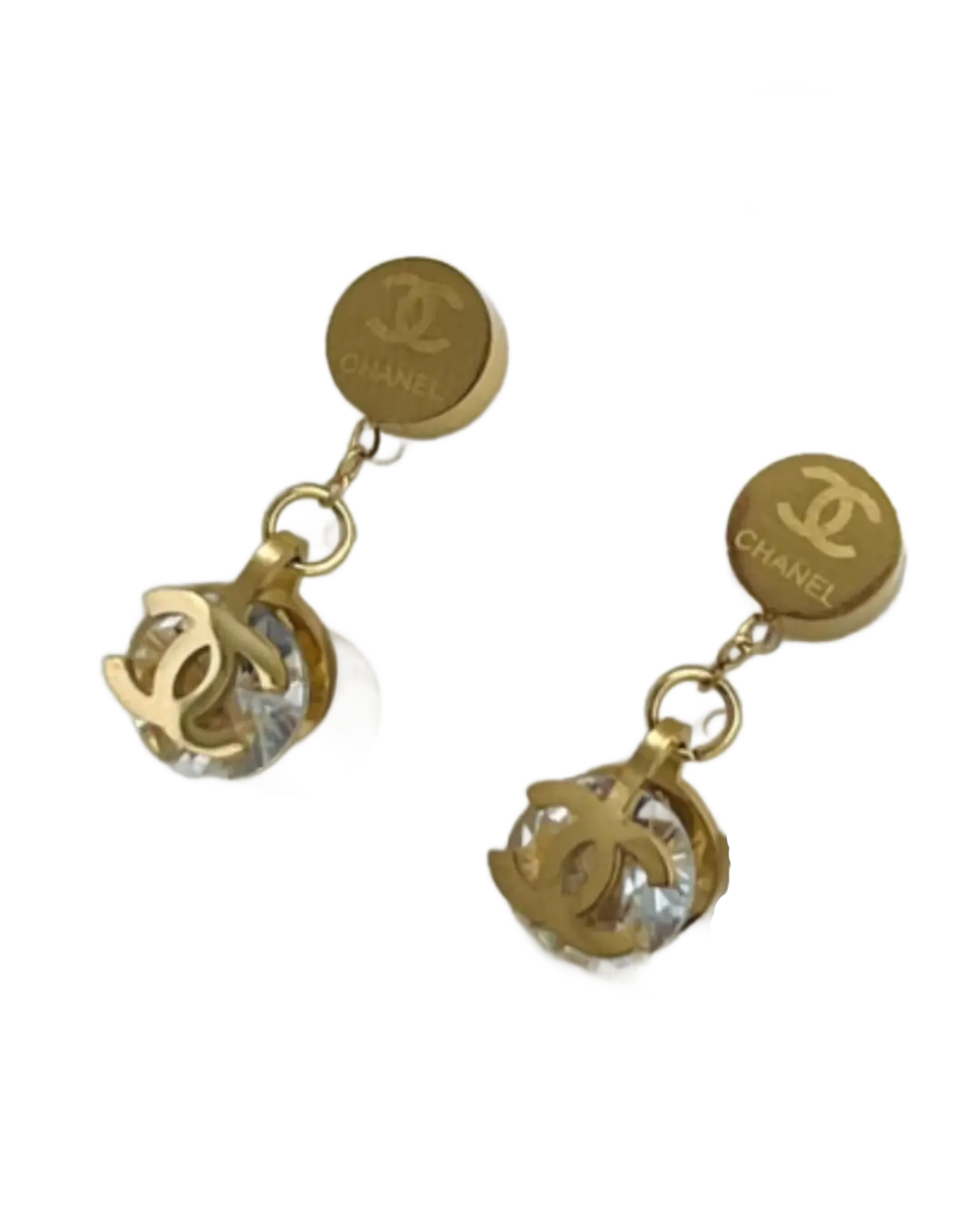 Gold Crystal CC Medallion Drop Earrings