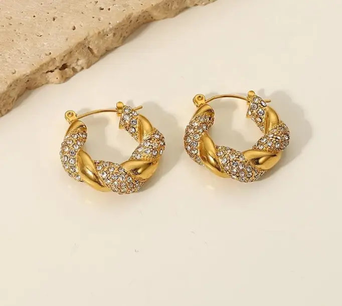 Twisted Gold Rhinestone Hoop Earrings