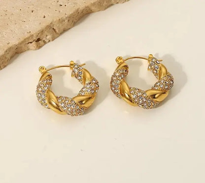 Twisted Gold Rhinestone Hoop Earrings