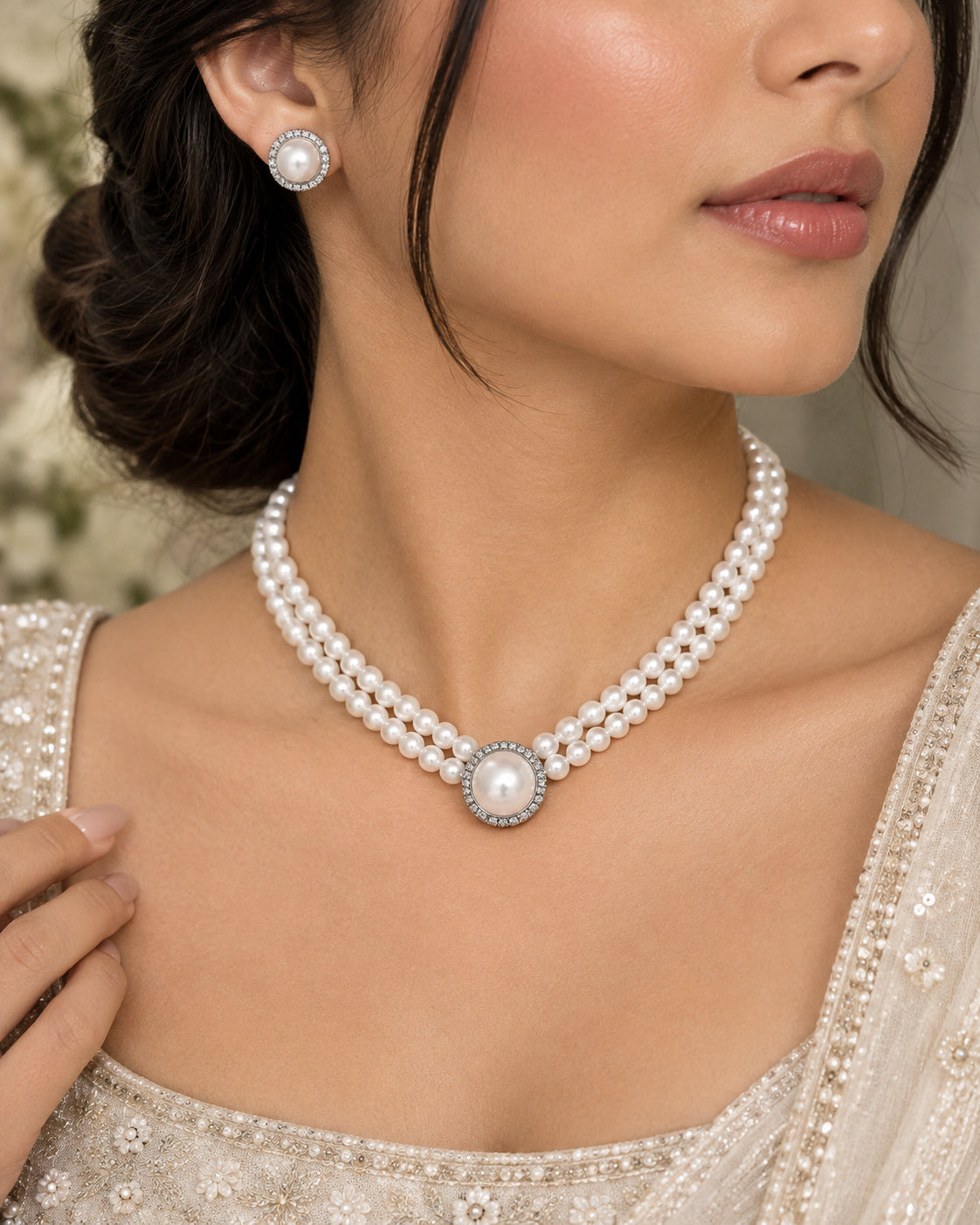 Pearl Halo Bridal Set
